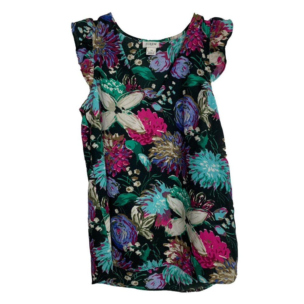 J Crew Womens Blouse Size 00 Shirt Top Floral Blue Green Ruffle Cap Sleeve